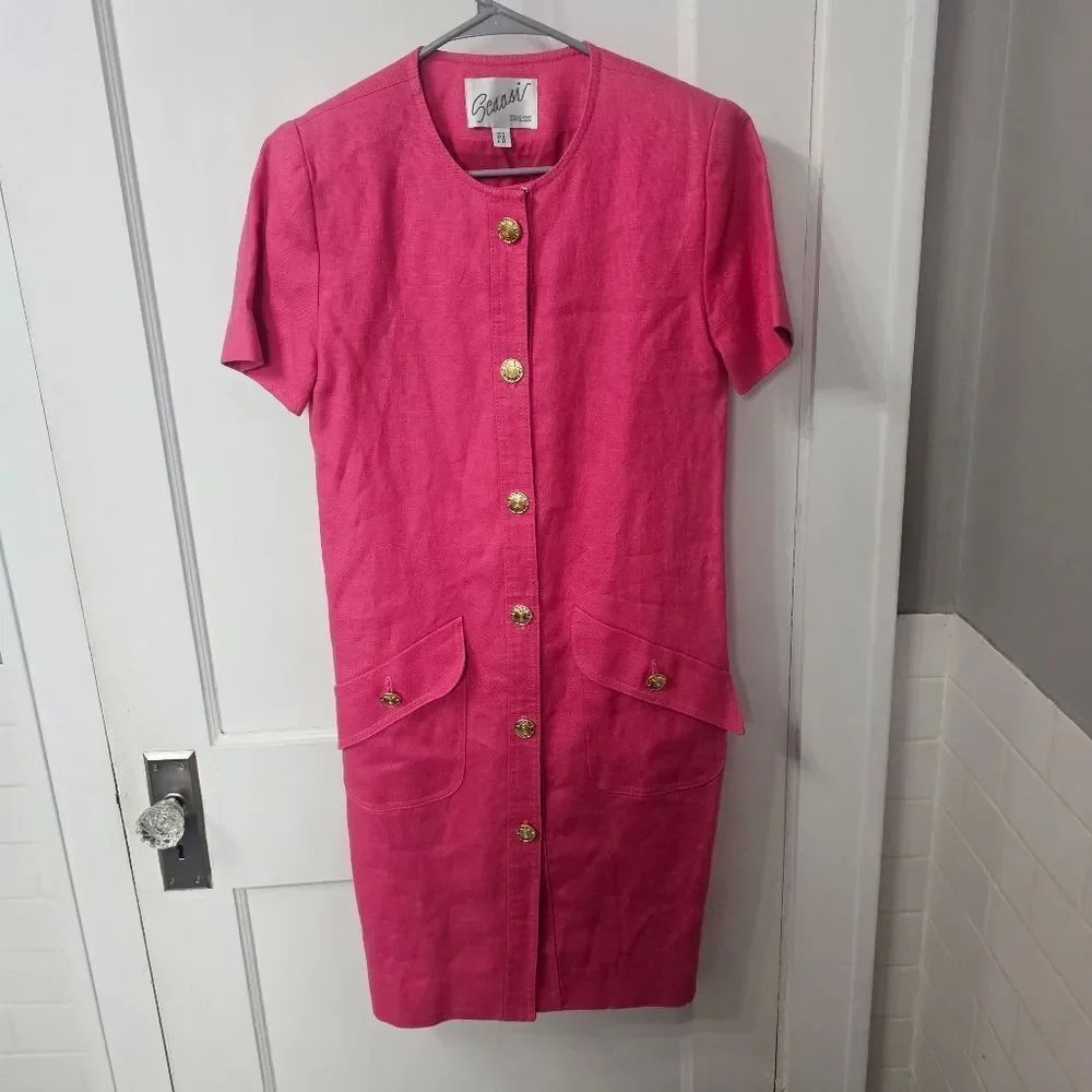 Vintage Scaasi Pink Linen Dress Sz 8, Excellent Condition